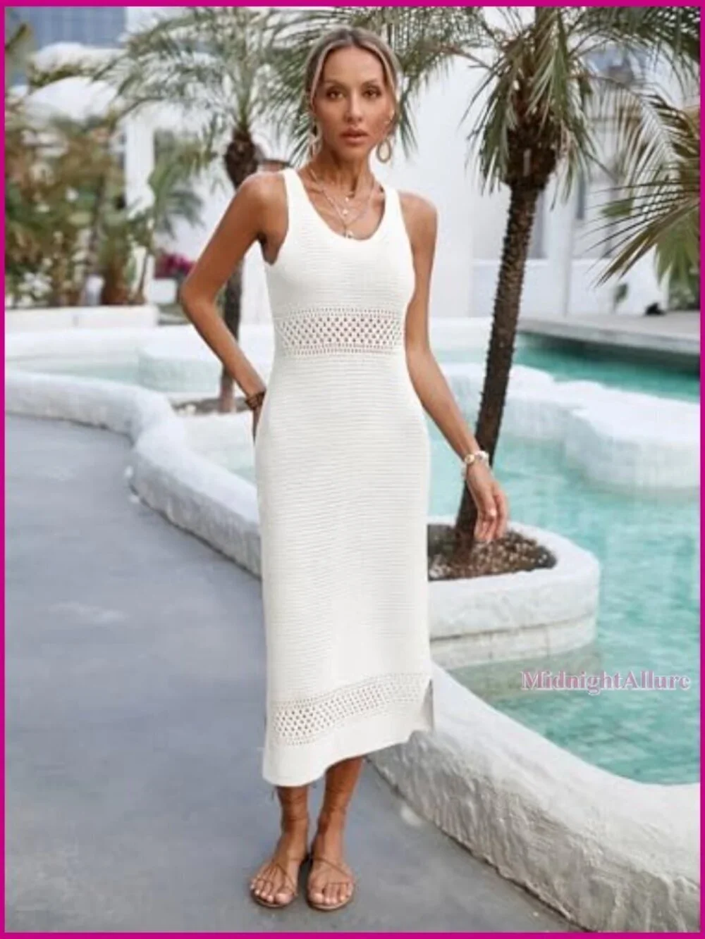 Crochet Mesh Midi Cover Up Sleeveless U Neck Swimwear Beach Dress